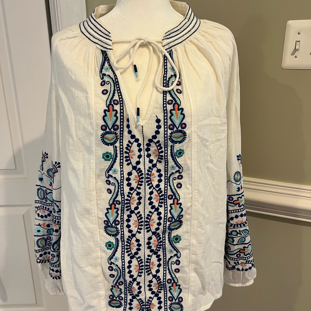 Sundance White Blouse with Blue & Orange Embroidery, NWOT, XL